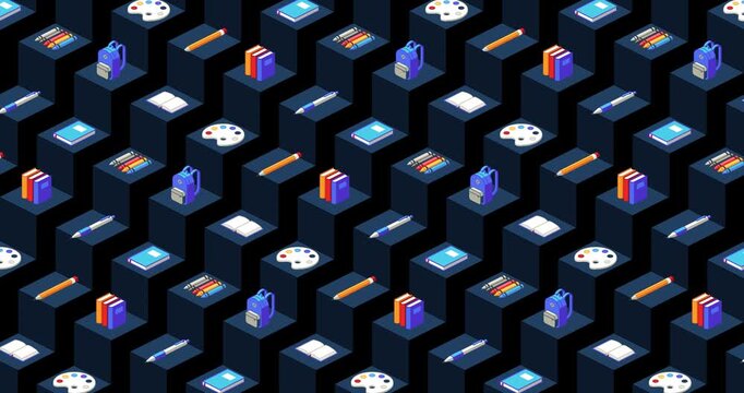 Colored back to school motion graphic loop of education icons on geometric background