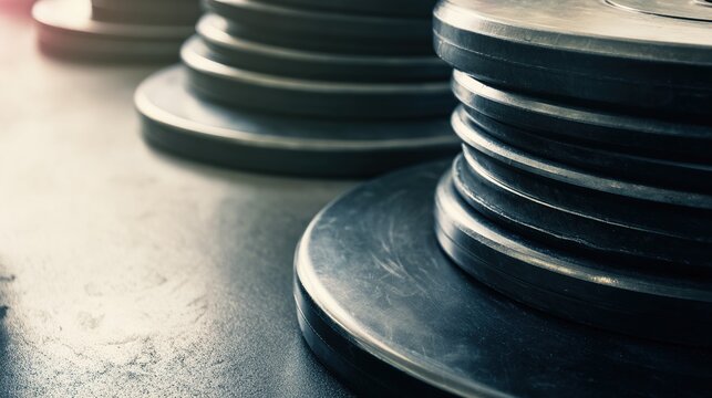 bodybuilding. Neatly stacked weight plates with metallic textures, highlighting industrial gym aesthetics. event key visuals, club posters, designed for sports event promotions and stadium branding.
