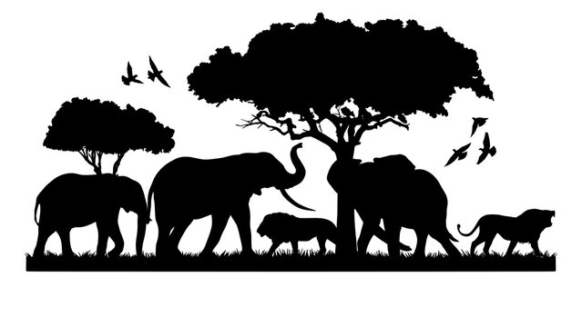 African Savanna Landscape Vector Border Silhouette with Elephants Lions Acacia Trees and Flying Birds