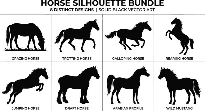 Black Silhouette Vector Bundle of Horses Featuring Grazing, Trotting, Galloping, Rearing, Jumping, Draft, Arabian, and Mustang Designs