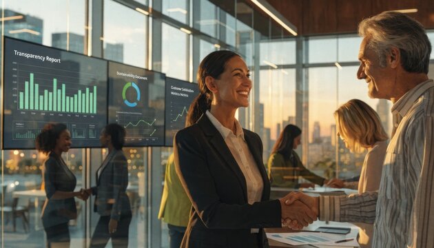 Professional executives demonstrating ethical business practices and transparency to build trust and long-term relationships with customers.