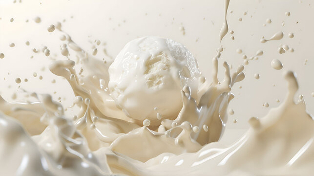 Vanilla ice cream splashing into creamy milk swirl explosion