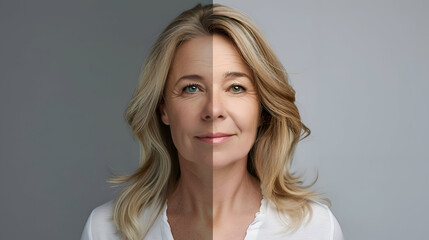 Fototapeta premium Caucasian mature female aging concept with split-face comparison