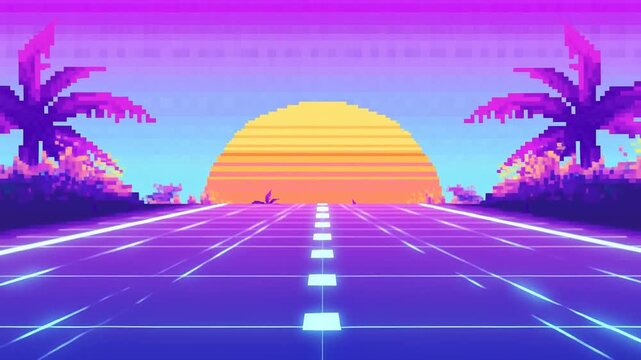 Tracking shot of retro synthwave highway moving toward neon sunset with palm trees on tropical coastline