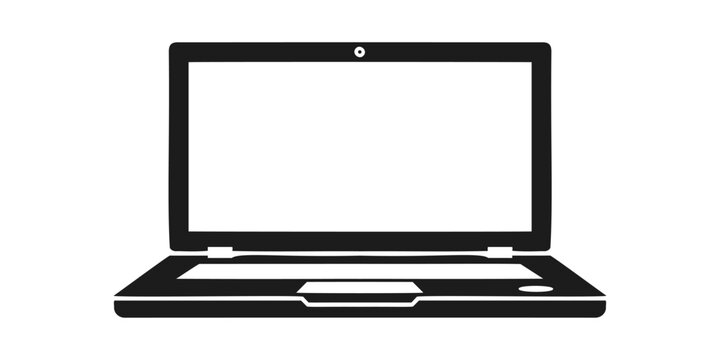 Front view laptop computer icon in black and white with computer notebook technology keyboard electronics illustration minimalist portable business internet communication hardware trackpad
