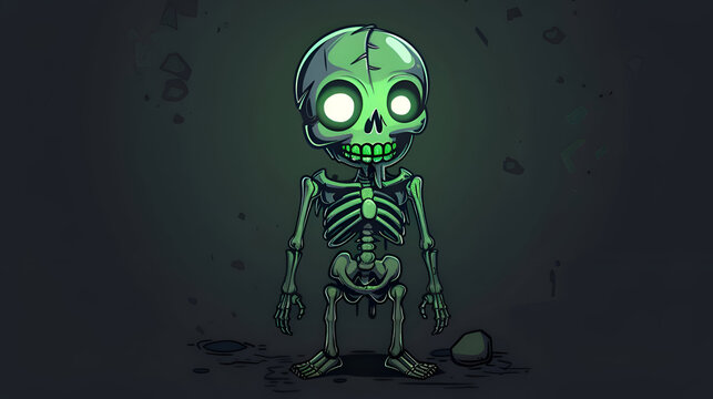 Glowing cartoon skeleton character with eerie green light