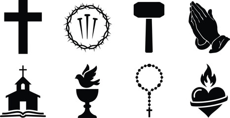 Naklejka premium Christian symbolism collection icons of faith including cross crown of thorns and praying hands