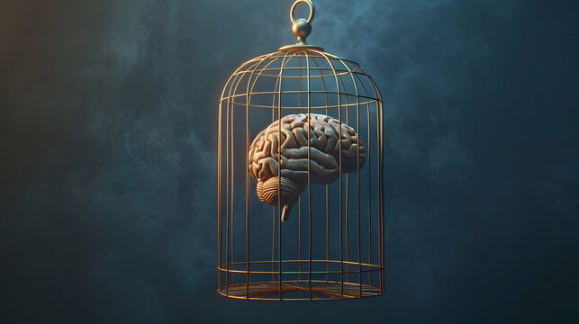 Human brain in golden cage against dark atmospheric background