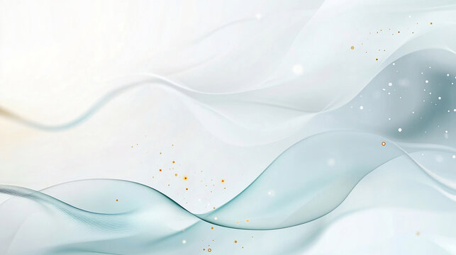 Abstract airy blue wave background with flowing translucent curves and golden particles. Generative AI