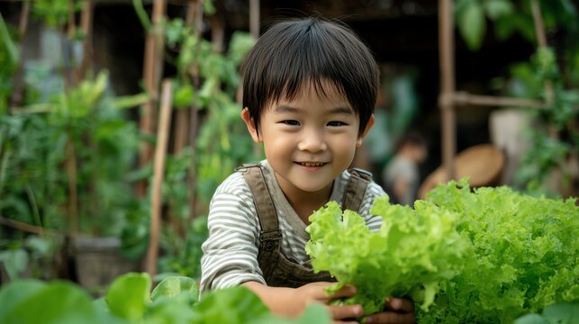 Smile Asian child learning to grow vegetables with family food security concept.