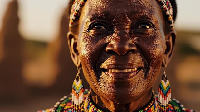 Portrait of a joyful African woman with traditional beadwork smiling warmly in natural light