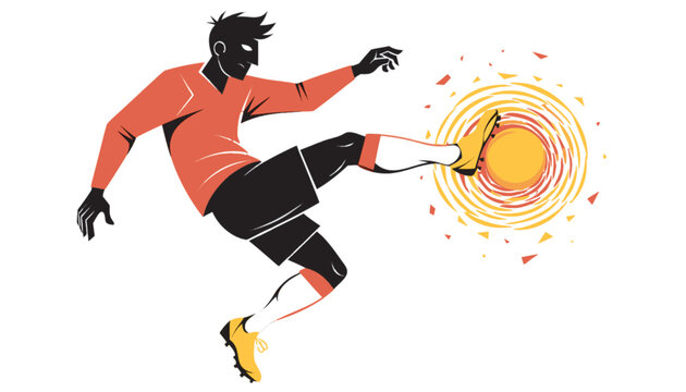 Epic striker kicking glowing football with shockwave ring effect, cinematic action style, isolated transparent background vector