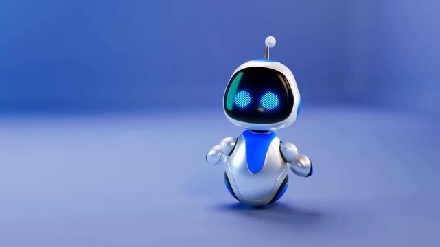 Tracking shot of small robot bobbing and rotating on studio floor with blue seamless backdrop and reflective metallic body