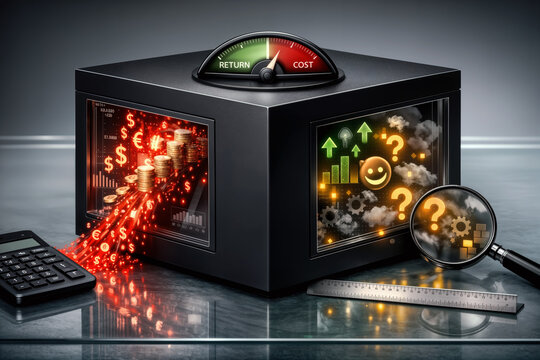 AI investment black box ROI audit concept with visible currency input stream and ambiguous output metrics analogue return cost dial financial measurement anxiety