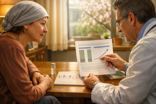 personalised mRNA cancer vaccine trial consultation melanoma patient receiving mid trial results oncologist explaining survival trend and trial timeline humanised oncology