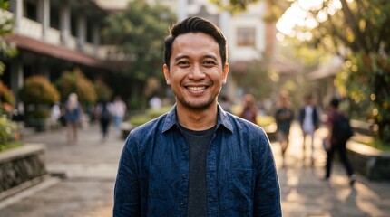 Fototapeta premium An Indonesian man mid 30s looking at camera with a sincere and encouraging smile; confident Southeast Asian male on university campus in casual blue shirt during sunset golden hour.