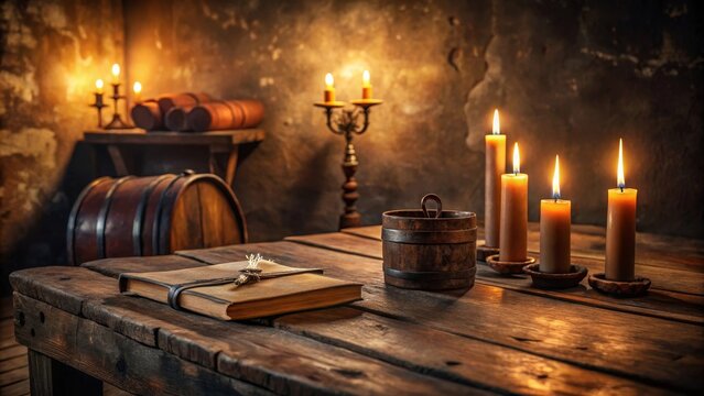 A Rustic Table Setting with Candles, Wooden Barrels, and an Antique Book