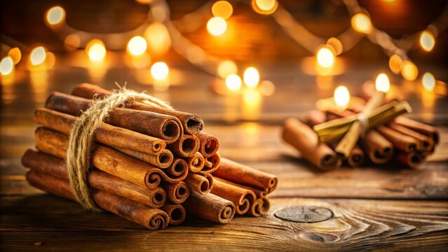 Warm Festive Cinnamon Sticks Bundle on Rustic Wooden Surface with Soft Bokeh Lights