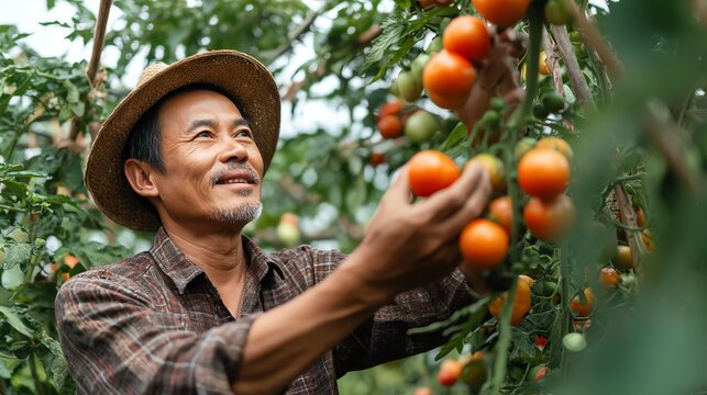 Smile Asian farmer picking ripe tomatoes in a backyard garden food security concept.