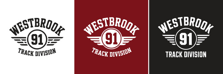 Obraz premium Vintage varsity style Westbrook track division logo with number ninety one