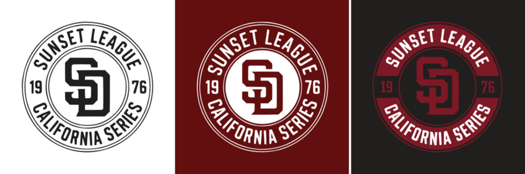 Three circular sunset league california series logos in different colors