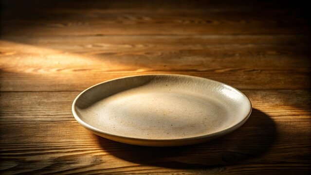 Empty ceramic plate on rustic wooden table bathed in warm sunlight, ready for a culinary creation.