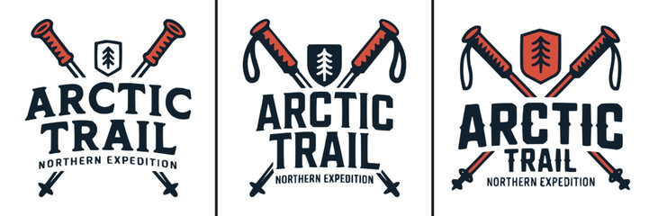Three vintage badge designs featuring arctic trail hiking gear icons © Vectyx