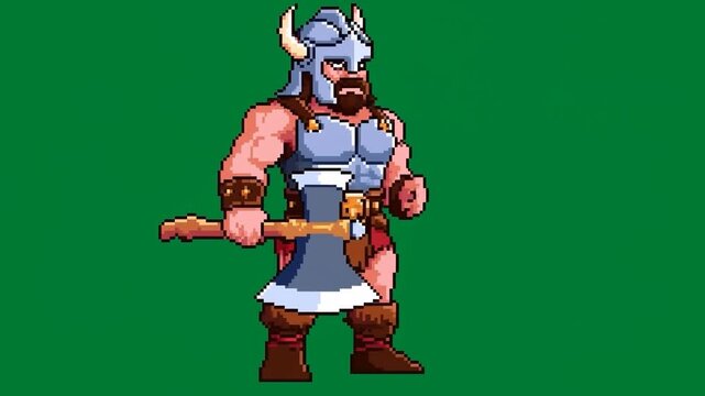 Static shot of pixel art viking character performing idle arm raise with ax on green chroma key background for sprite animation loop and reference