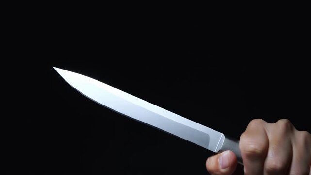 Tracking shot of hand rotating and presenting sharp knife blade against dark background in low key studio lighting