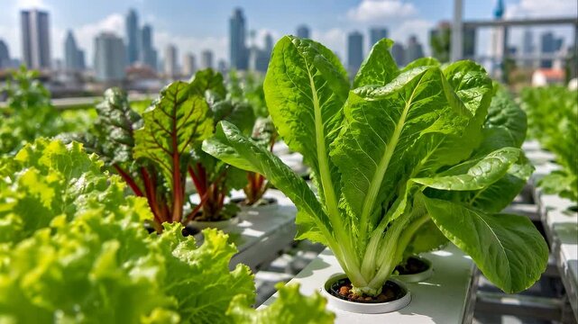 Urban agriculture sustainability rooftop hydroponic lettuce and leafy greens thriving city garden with skyline backdrop vibrant sunlight green salad
