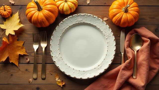 Autumnal Table Setting with Pumpkins and Golden Cutlery, Ready for a Festive Meal