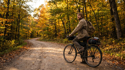 Fototapeta premium Man Riding Bicycle on Dirt Road Through Autumn Forest with Sunlight