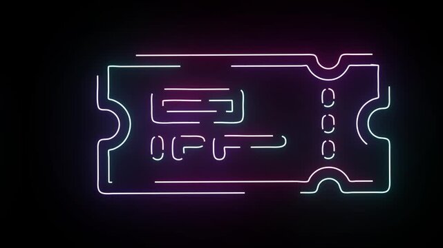 Glowing neon ticket icon shining in vibrant pink and blue colors on a pitch black background ideal for cinema entertainment events shows admission and party invitations minimal design motion graphic