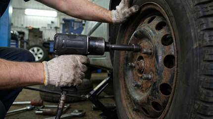 Fototapeta premium Mechanic Tightening Lug Nuts on Car Wheel with Impact Wrench in Garage