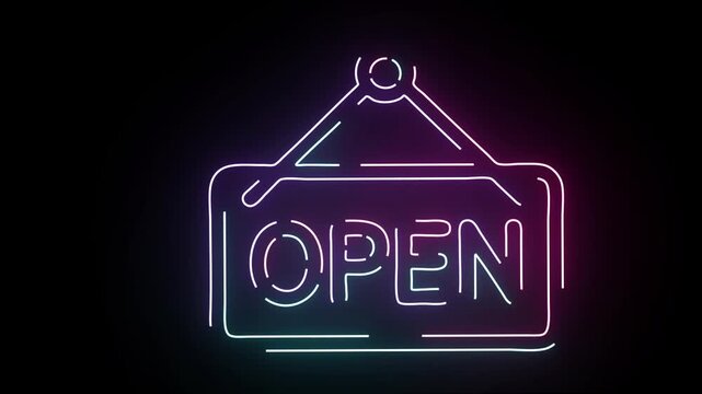 Glowing neon open sign loop animation on black background showing vibrant neon blue and purple colors for shops restaurants cafes bar entrance display advertising and retail store welcoming
