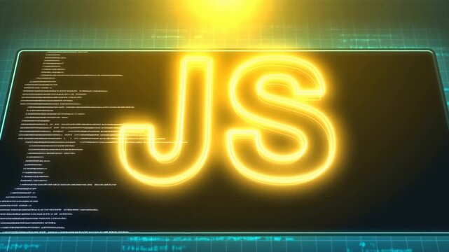 Javascript neon glow over computer code display with futuristic digital effects