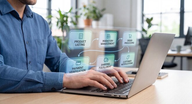 E commerce business owner managing online sales workflow with digital interface showing product listing inventory order processing payment verification shipping and customer notifications on laptop