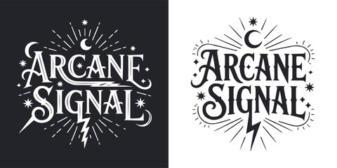 Decorative black and white typography design featuring arcane signal text elements © Vectyx