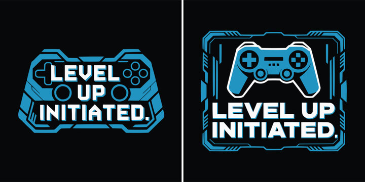 Blue neon gaming controller icon with level up initiated text
