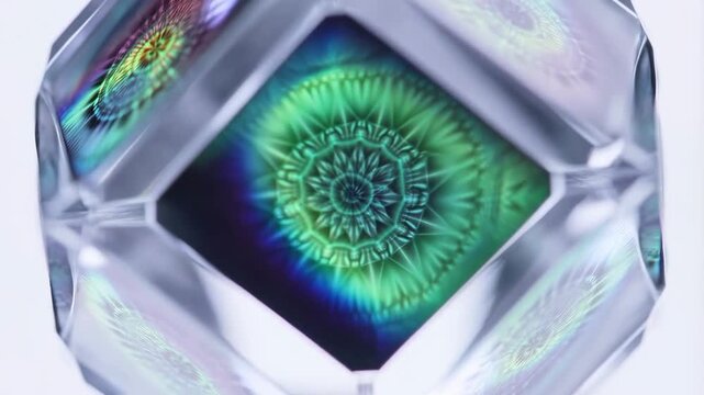 Rotating crystal prism revealing vibrant kaleidoscope patterns in motion