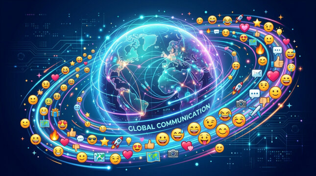 Global communication concept with emojis orbiting the earth