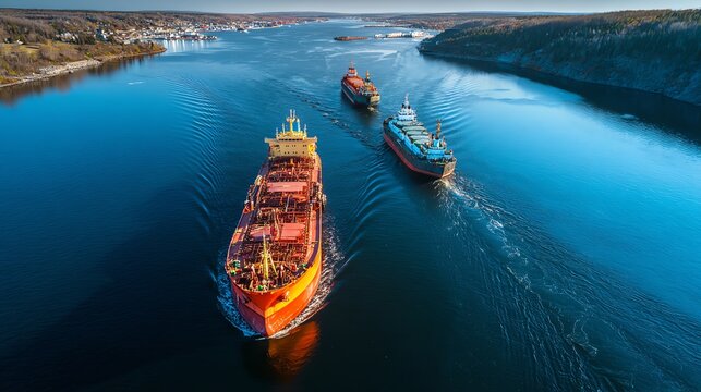 Tugboats assisting cargo vessel to move through narrow harbor channel