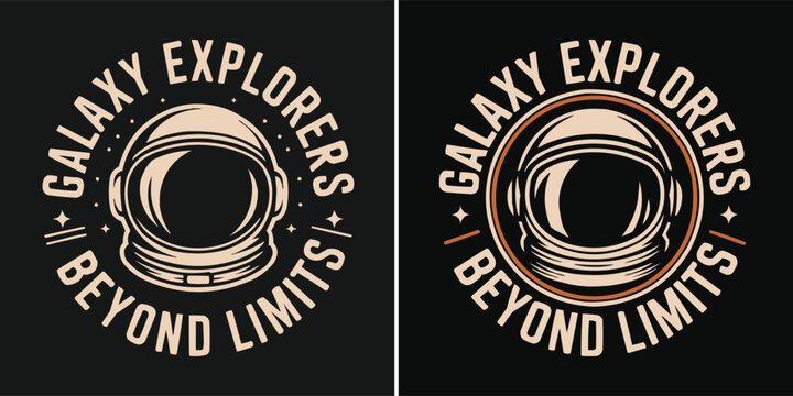 Circular vintage badge featuring an astronaut helmet with bold lettering text