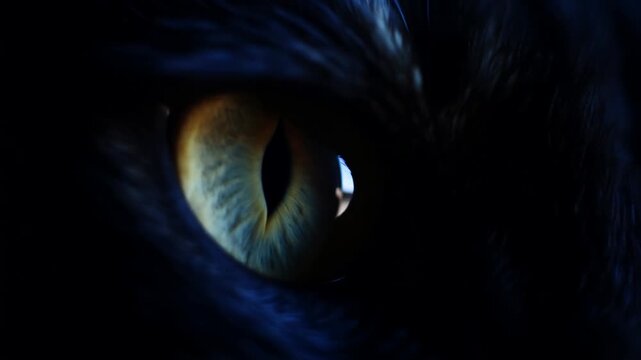 Extreme close up tracking shot of cat eye dilating and focusing with subtle head turn in dark low light indoor setting