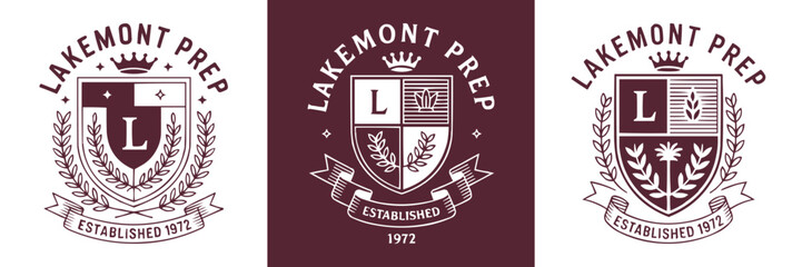 Three vintage crest logo designs for Lakemont Prep school branding © Vectyx