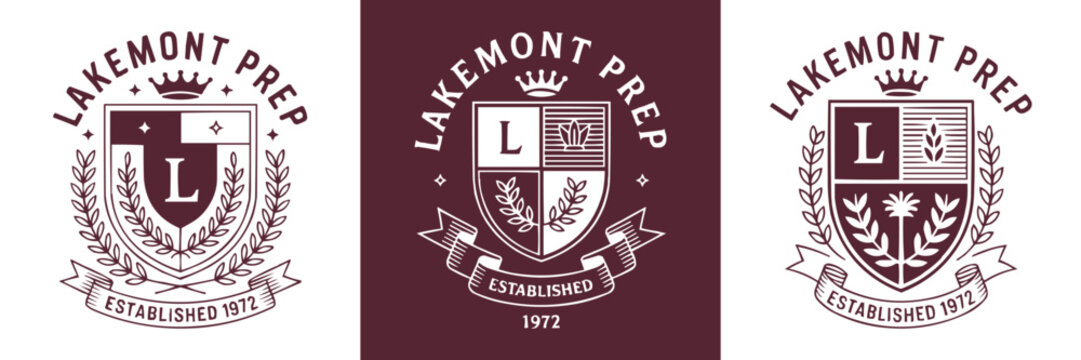 Three vintage crest logo designs for Lakemont Prep school branding
