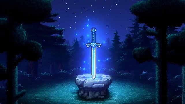 Static shot of pixel art glowing sword embedded in stone pedestal with rising magical particles in moonlit forest clearing at night