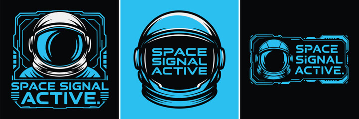 Blue astronaut helmet icons with space signal active text design © Vectyx