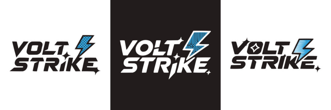Bold volt strike text logo design with blue lightning bolt