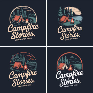 Four vintage camping badges featuring campfire stories and forest scenes